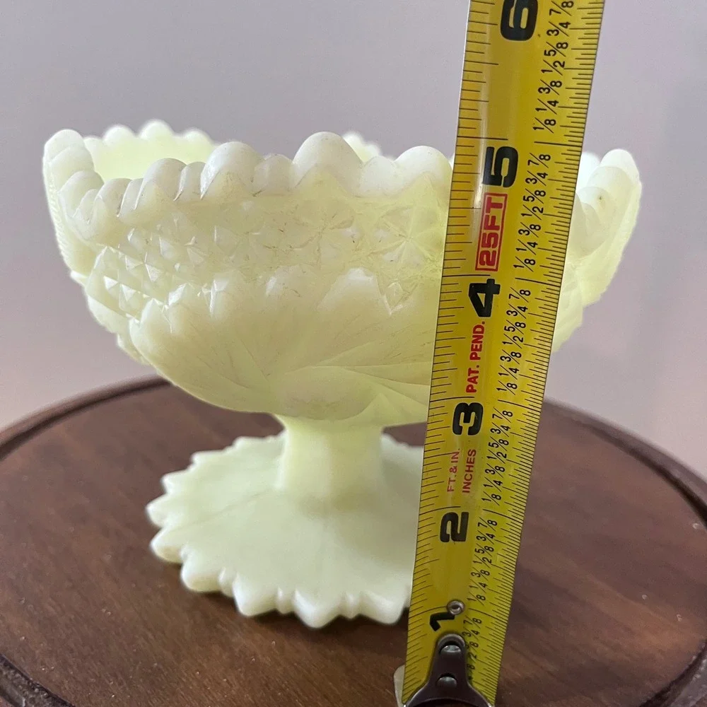 Vtg Fenton Custard Uranium Glass Daisy and Button Compote Pedestal Bowl Yellow